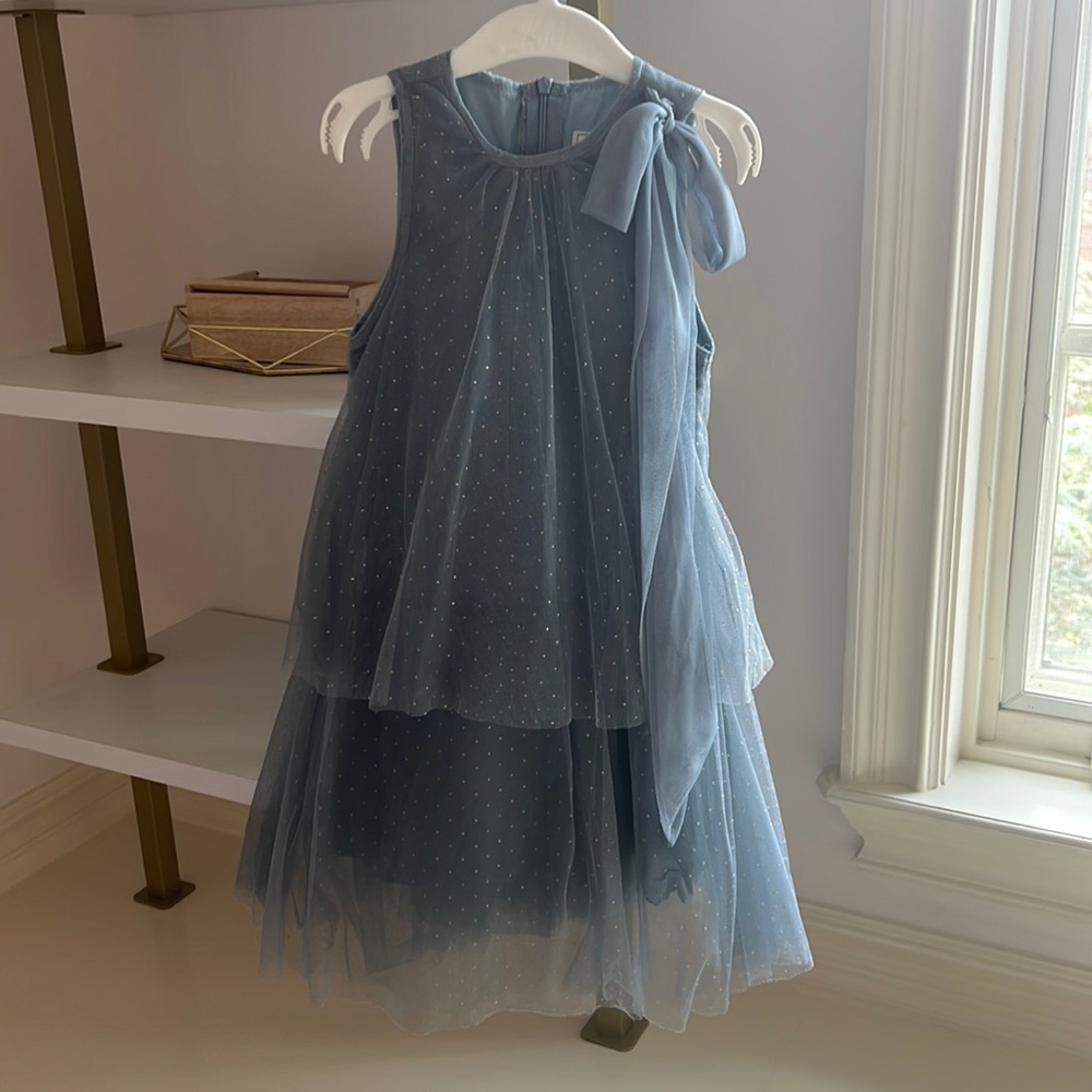 Light blue/gray sleeveless tulle dress with gold dots